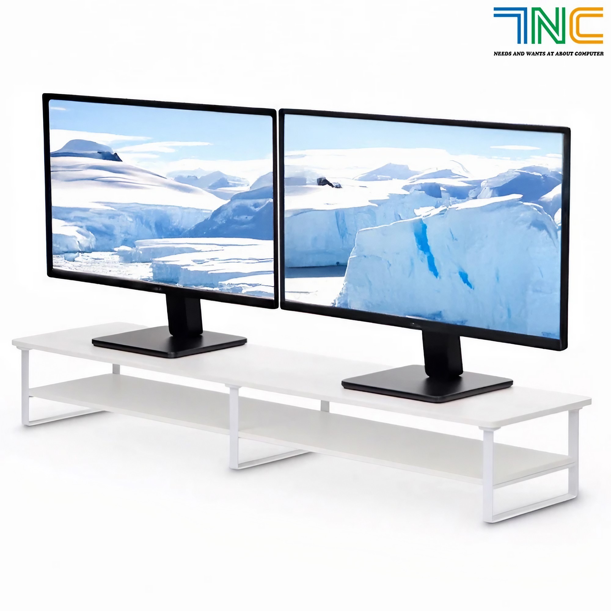 7NC 2단 일체형 듀얼 모니터받침대 높은 수납 컴퓨터 받침 선반 스탠드 책상 와이드 우드 1000mm, 화이트