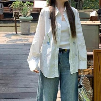 꽃자수 루즈핏 긴팔셔츠 여름 나시위레이어드 햇빛차단 봄 여름 캐주얼 유니크디자인 화이트 - 상세 이미지 2