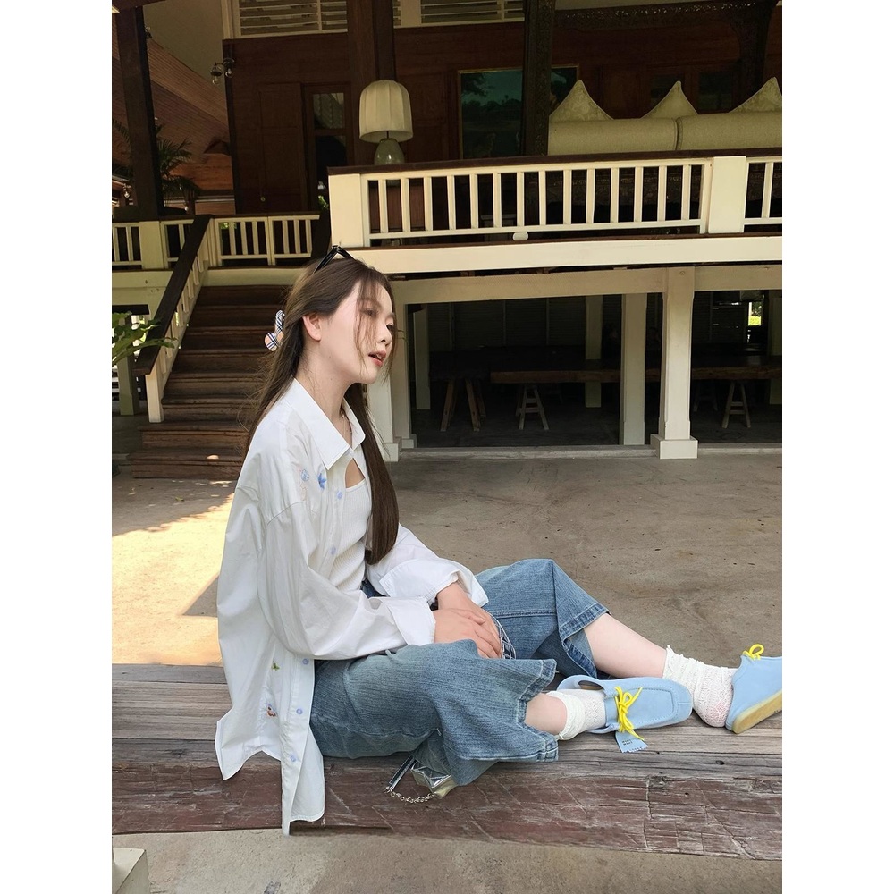 꽃자수 루즈핏 긴팔셔츠 여름 나시위레이어드 햇빛차단 봄 여름 캐주얼 유니크디자인 화이트 - 상세 이미지 4