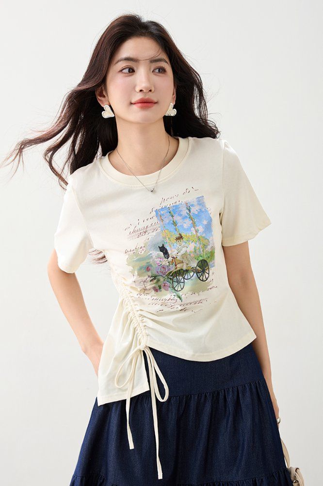 봄 여름 여성 슬림핏 일러스트 프린트 반팔 티셔츠 심플룩 데일리룩 셔링 스트링 라운드넥 - 상세 이미지 2