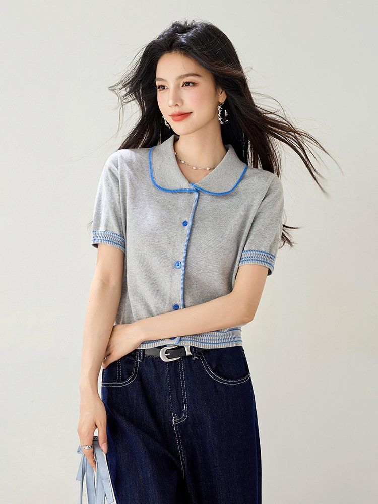 봄 여름 여성 슬림핏 배색 카라 반팔 가디건 페미닌룩 데일리룩 버튼 포인트 단정한 니트 - 상세 이미지 4