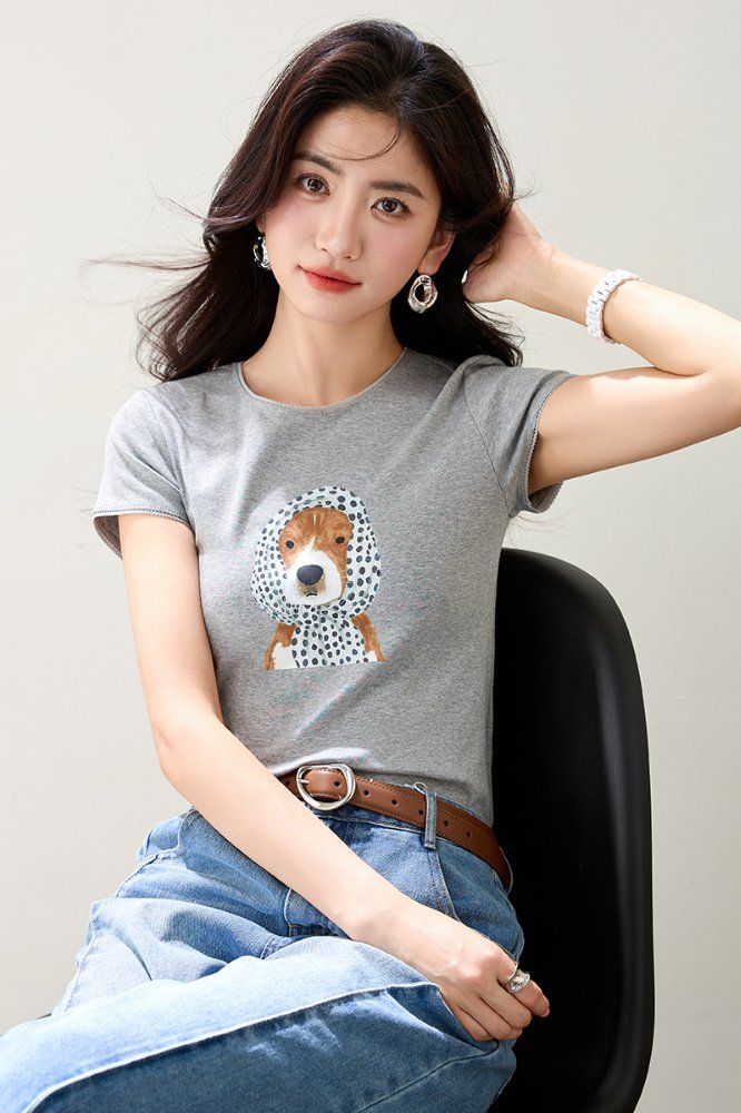 봄 여름 여성 슬림핏 캐릭터 프린트 반팔 티셔츠 스트릿룩 데일리룩 귀여운 라운드넥 포인트 - 상세 이미지 4
