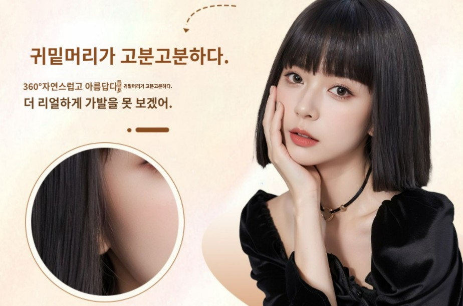 단발 머리 똑단발 가발 진짜 헤어 항암가발 패션 짧은 - 상세 이미지 5
