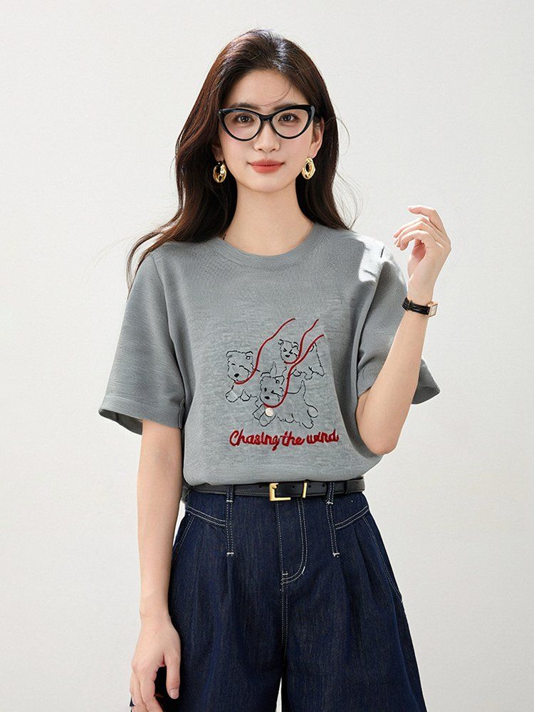 여성 캐릭터 자수 반팔 티셔츠 봄 여름 슬림핏 캐주얼룩 데일리룩 라운드넥 레터링 포인트 - 상세 이미지 5