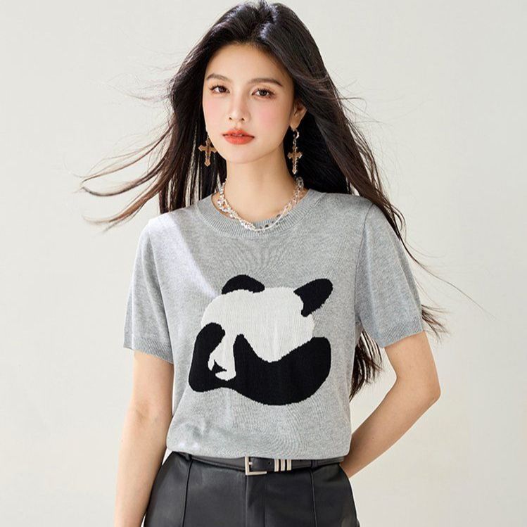 봄 여름 여성 슬림핏 캐릭터 프린트 반팔 니트 캐주얼룩 데일리룩 귀여운 라운드넥 티셔츠 - 상품 이미지