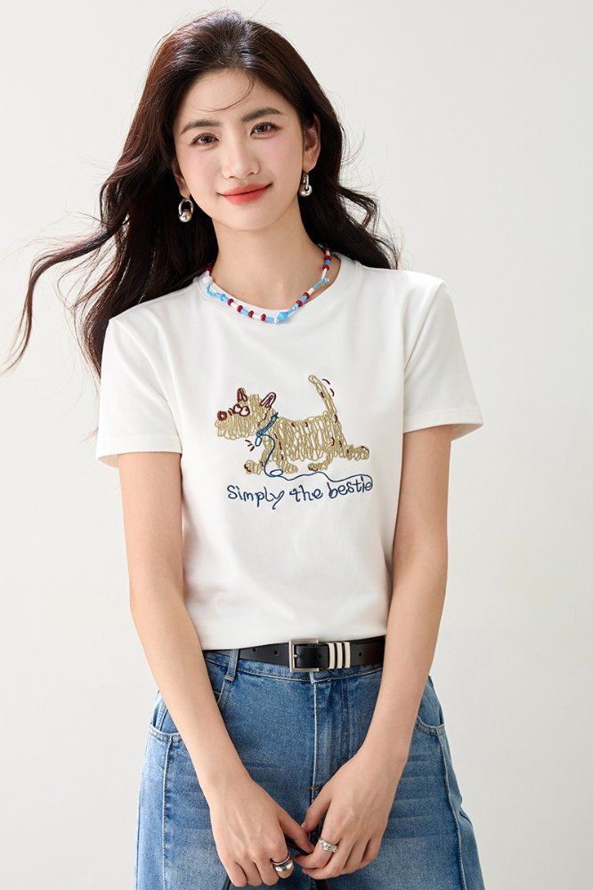 여성 캐릭터 자수 반팔 라운드넥 티셔츠 봄 여름 슬림핏 캐주얼룩 데일리룩 레터링 포인트 - 상세 이미지 3