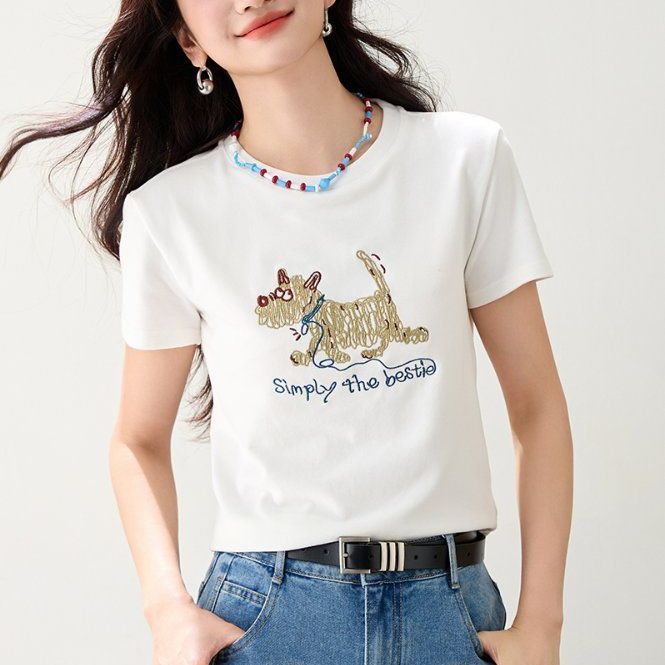 여성 캐릭터 자수 반팔 라운드넥 티셔츠 봄 여름 슬림핏 캐주얼룩 데일리룩 레터링 포인트 - 상품 이미지