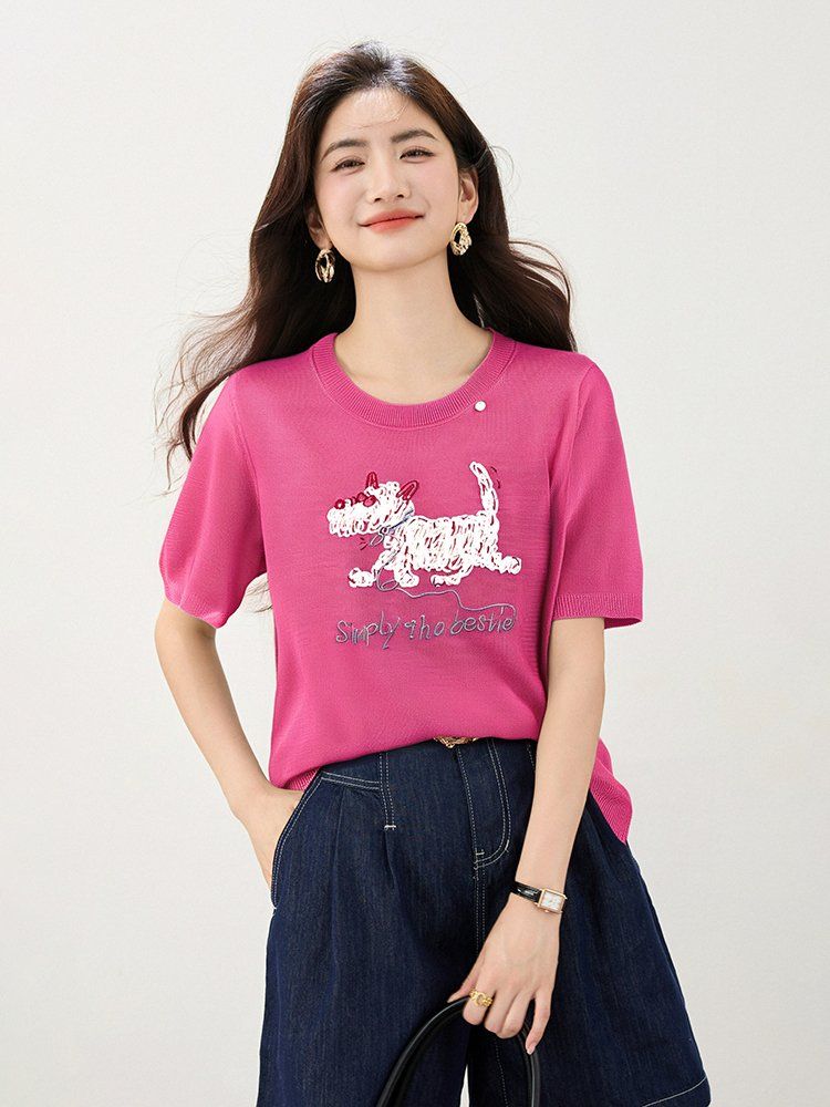 봄 여름 여성 루즈핏 캐릭터 자수 반팔 티셔츠 캐주얼룩 데일리룩 라운드넥 레터링 포인트 - 상세 이미지 4