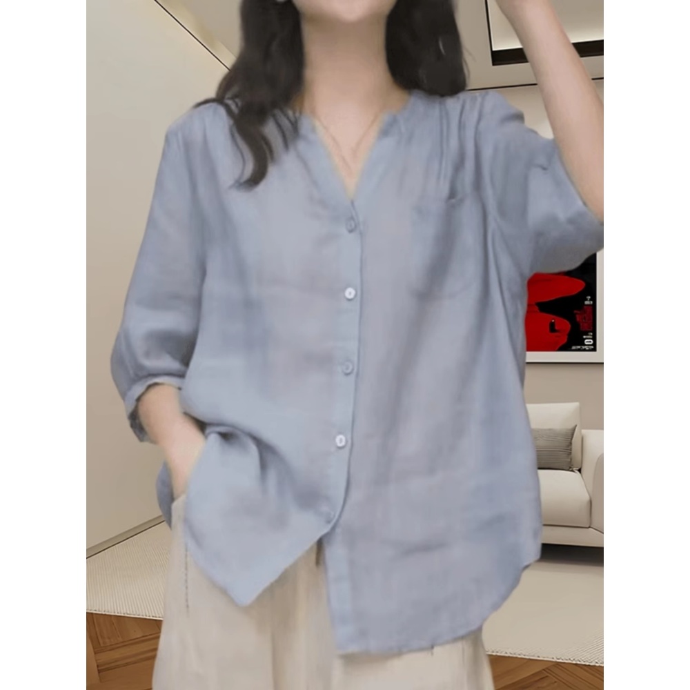 7부소매 얇은 남방셔츠 브이넥 루즈핏 빅사이즈 5XL까지 여름 그레이 블랙 화이트 5컬러 - 상세 이미지 3