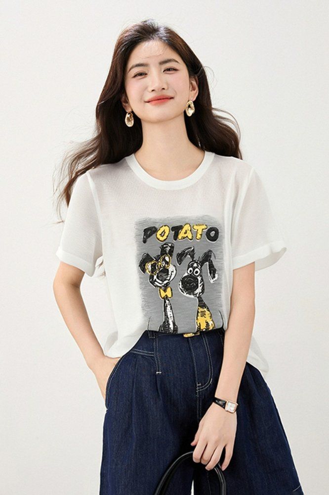 봄 여름 여성 루즈핏 캐릭터 레터링 반팔 티셔츠 심플룩 데일리룩 라운드넥 프린트 포인트 - 상세 이미지 2