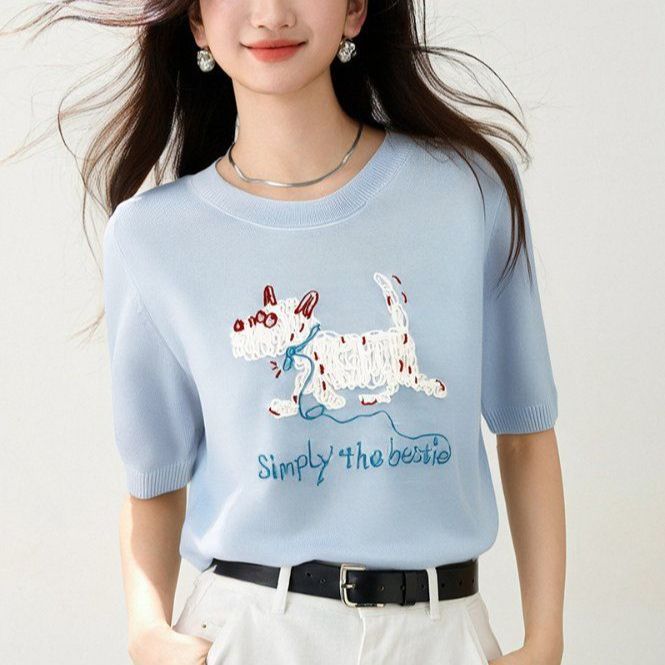 봄 여름 여성 루즈핏 캐릭터 자수 반팔 티셔츠 캐주얼룩 데일리룩 라운드넥 레터링 포인트 - 상품 이미지