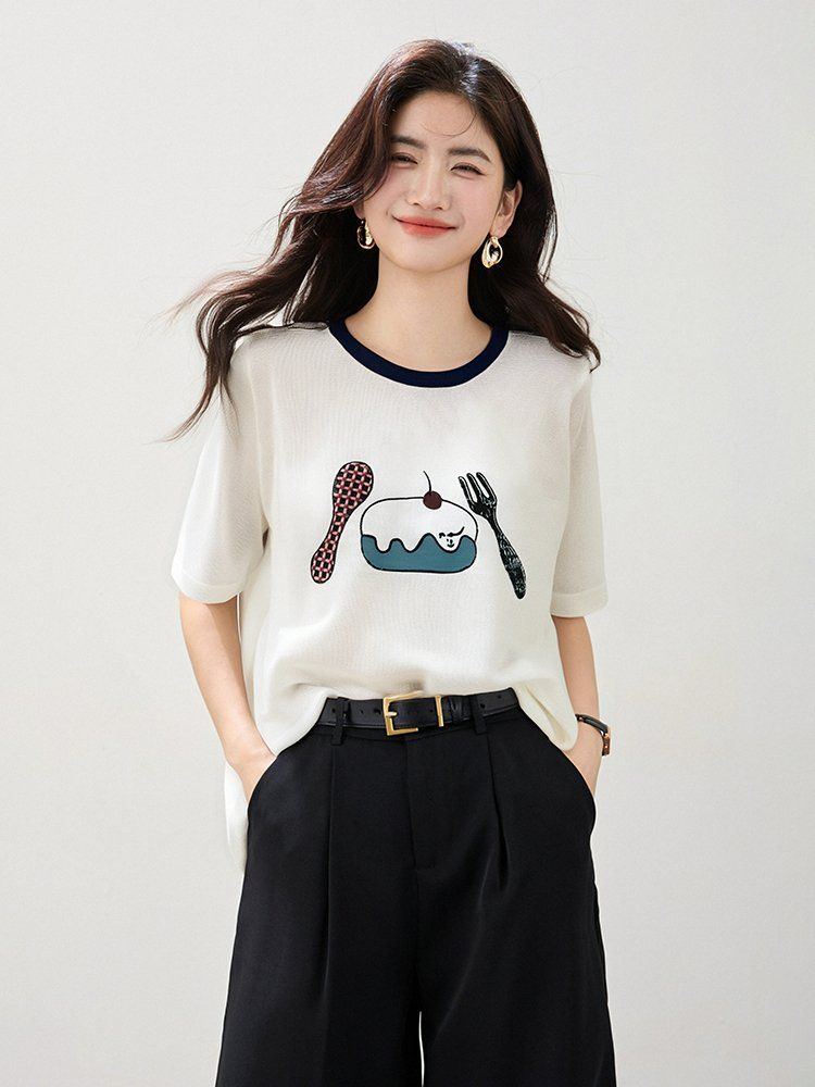 봄 여름 여성 루즈핏 푸드 자수 반팔 티셔츠 심플룩 데일리룩 배색 라운드넥 유니크 포인트 - 상세 이미지 2