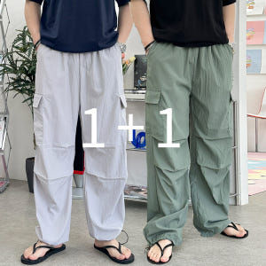 1+1 남녀공용 여름 파라슈트 팬츠 나일론 스트링 카고 와이드 바지 5c... 착용 후기 | 사이즈/핏 총정리 - 상품 이미지 1