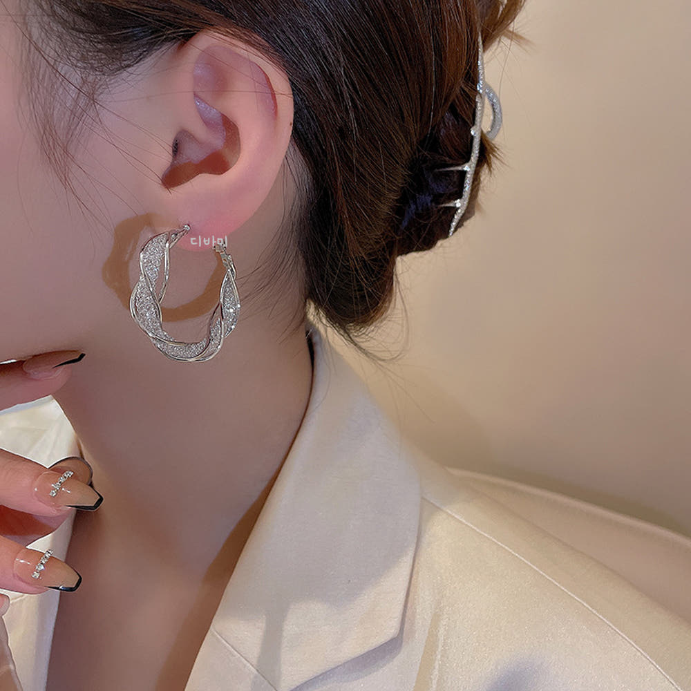 S925 크리스탈 꼬임 링 귀걸이 은침 휴양지 파티 특이한 이어링 - 메인 이미지