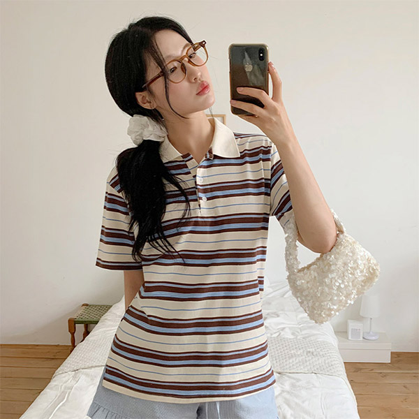 에빈 카라 루즈핏 스트라이프 반팔 티셔츠 ts4550 - 상품 이미지