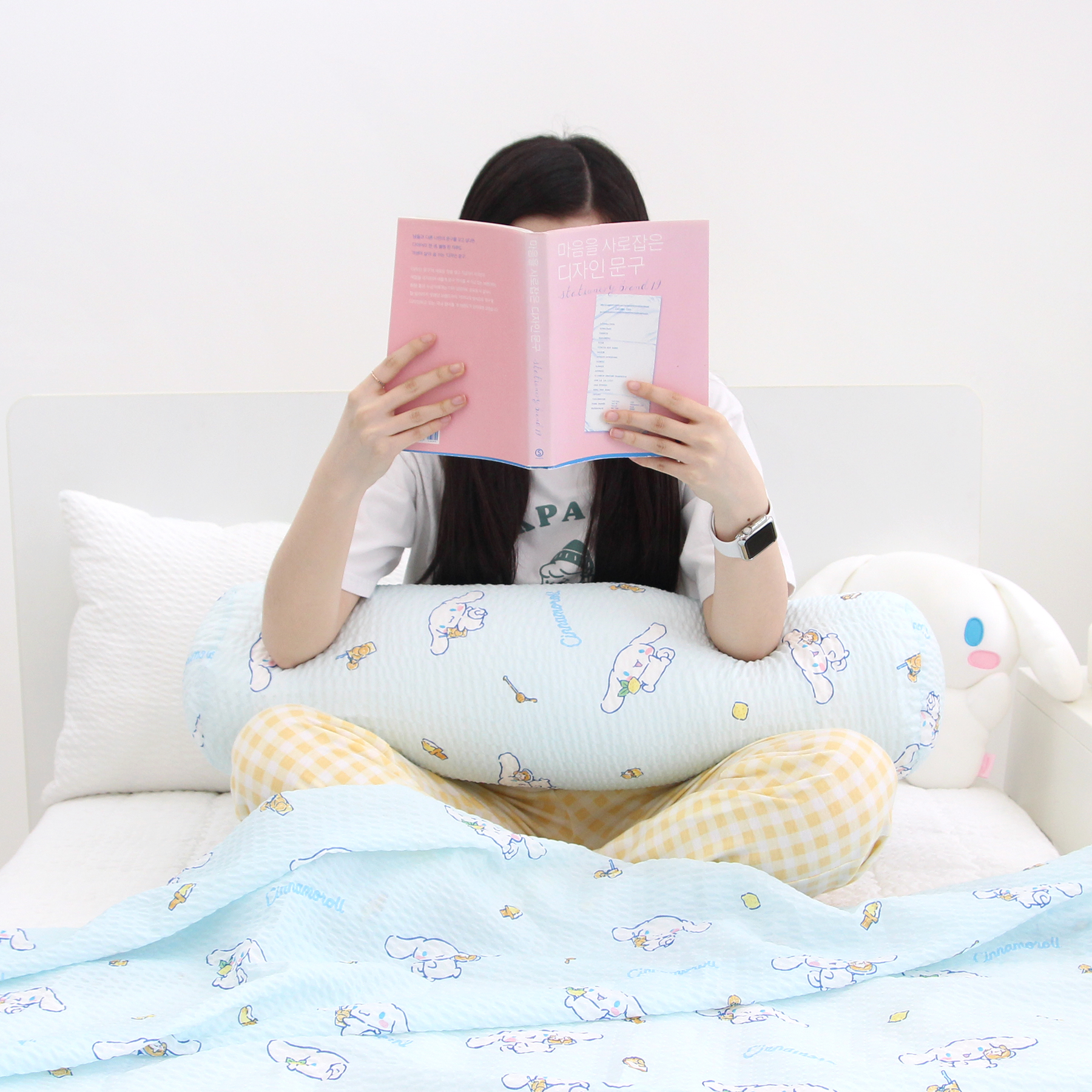 산리오 시나모롤 시어서커 뱀부 리플 원형바디필로우 레몬 - 상세 이미지 4