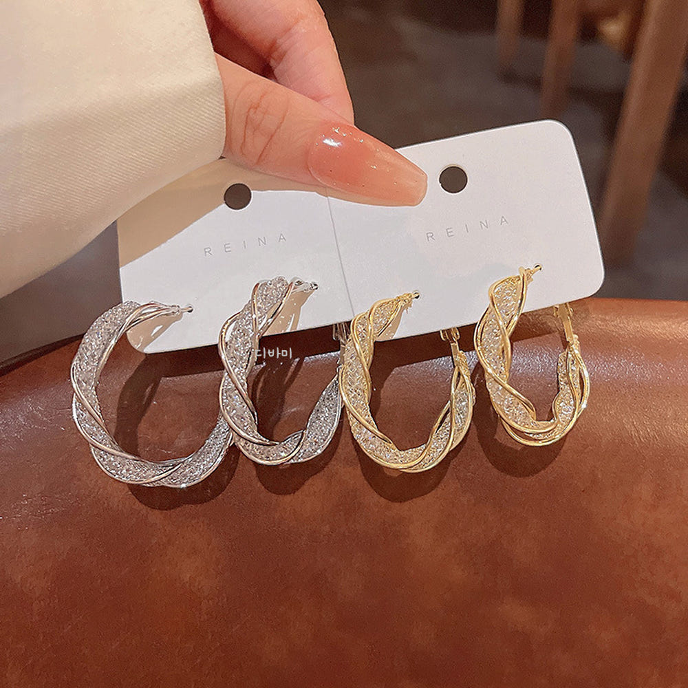 S925 크리스탈 꼬임 링 귀걸이 은침 휴양지 파티 특이한 이어링 - 상세 이미지 4