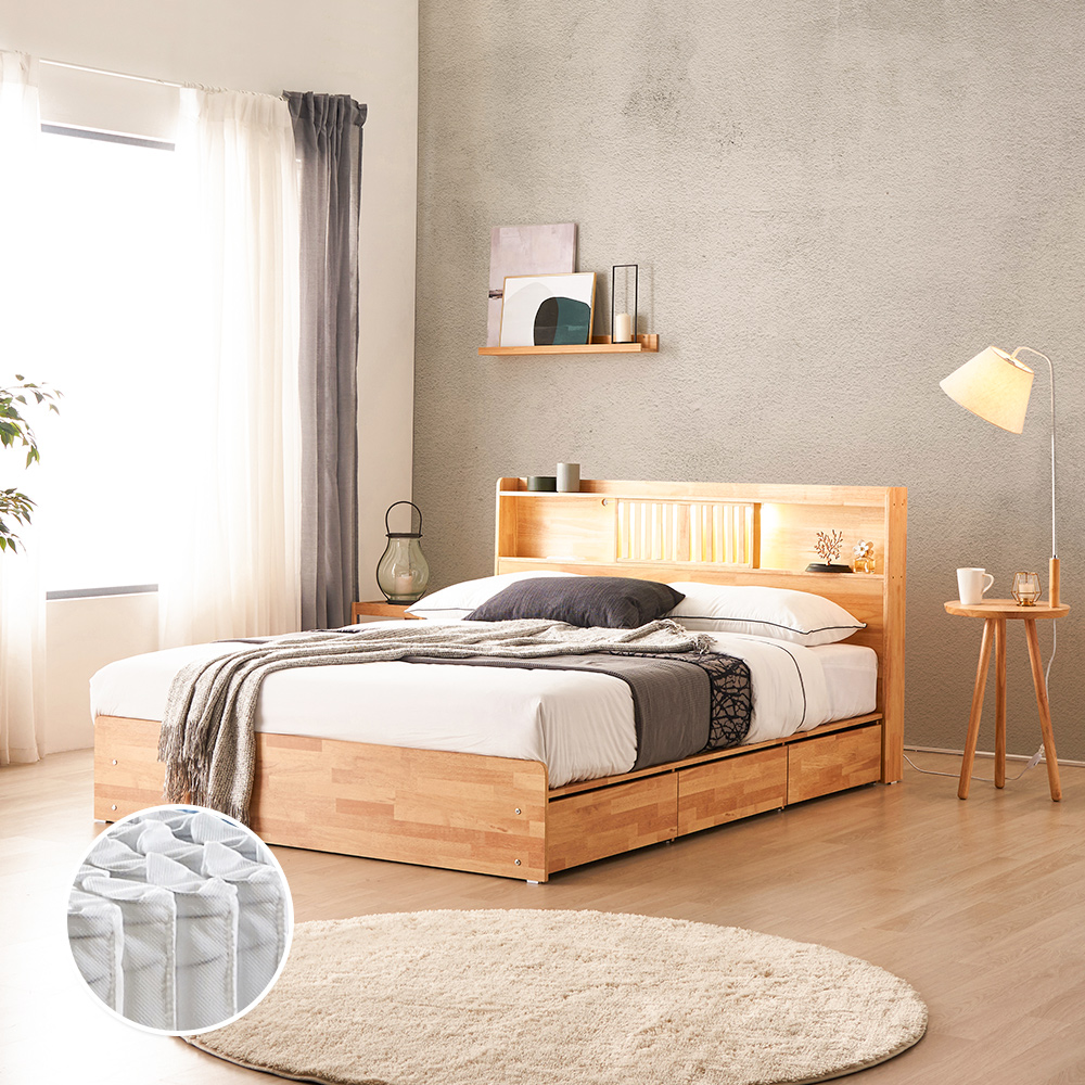 동서가구 피렌체 우든 LED 원목 수납 Q침대＋독립매트 DF917779