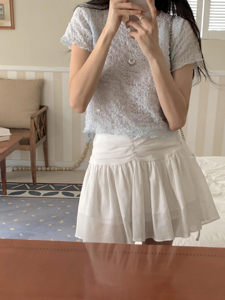 시원한 링클프리 브로치 시어서커 지지미 여자 반팔 블라우스 크롭 숏 여성 여름 블라우스 - 상세 이미지 5