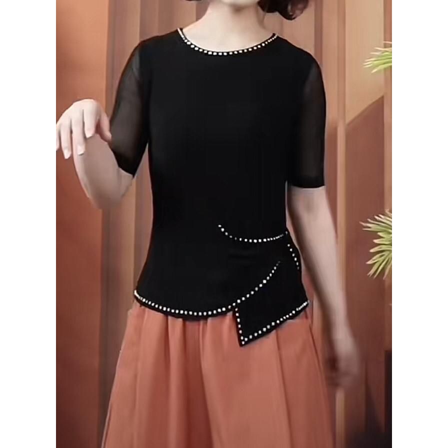 댄스복 상의 라인 방송댄스 댄스티 라틴 블랙 반짝이 줌바 스포츠 쉬폰 - 상품 이미지
