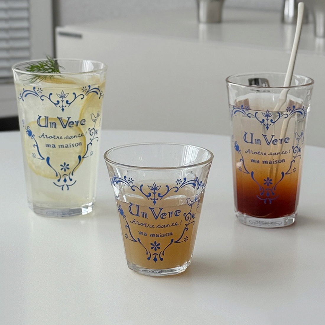 일본 빈티지 유리컵 아이스아메리카노 플랫화이트잔 마메종 블루로즈 글라스 3size