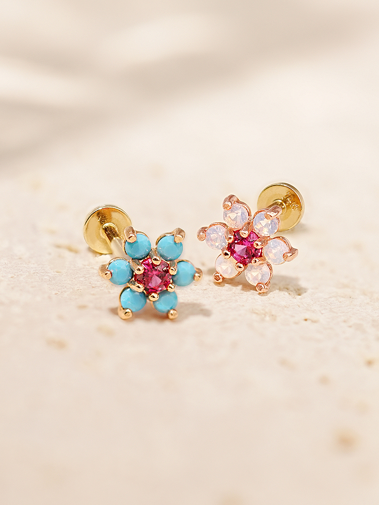 [0.8mm]14K 인터널 오팔 터키석 큐빅 플라워 라블렛 피어싱 귀걸이