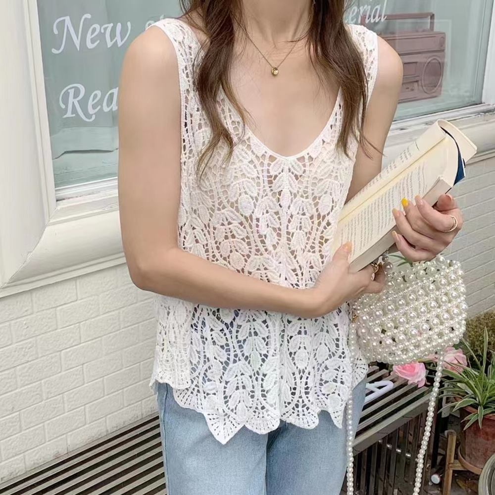 여름 뜨개 조끼 뜨게 나시 그물 수영복 커버업 뷔스티에 베스트 휴양지룩 - 메인 이미지