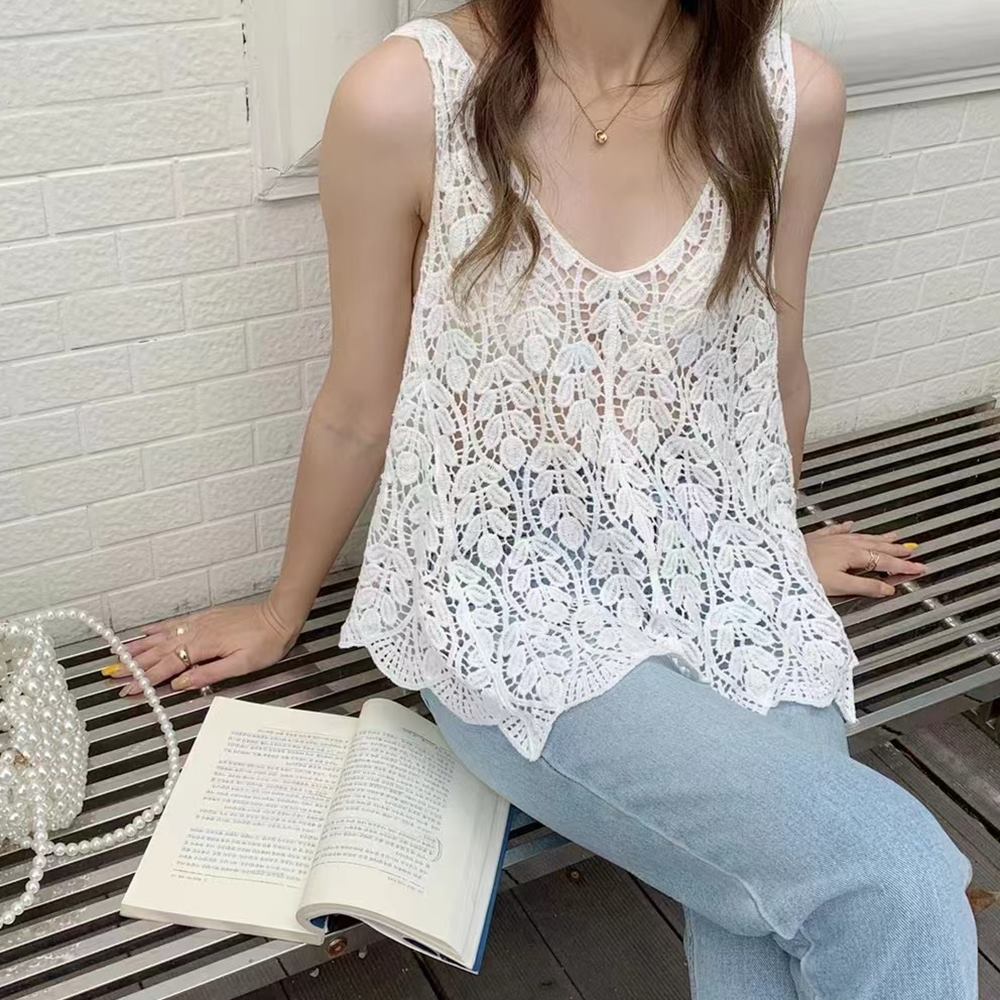 여름 뜨개 조끼 뜨게 나시 그물 수영복 커버업 뷔스티에 베스트 휴양지룩 - 상세 이미지 2