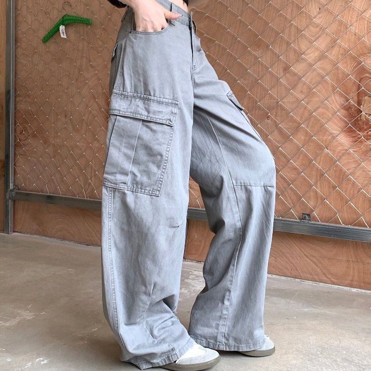 봄 여름 여성 하이웨스트 루즈핏 와이드 카고 팬츠 코튼 면바지 멀티포켓 데일리룩 롱팬츠 - 상품 이미지