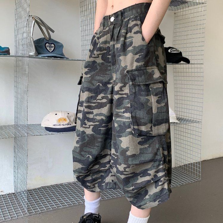사계절 여성 하이웨이스트 루즈핏 와이드 카고 7부팬츠 코튼 면반바지 멀티포켓 쿨링팬츠 - 상품 이미지