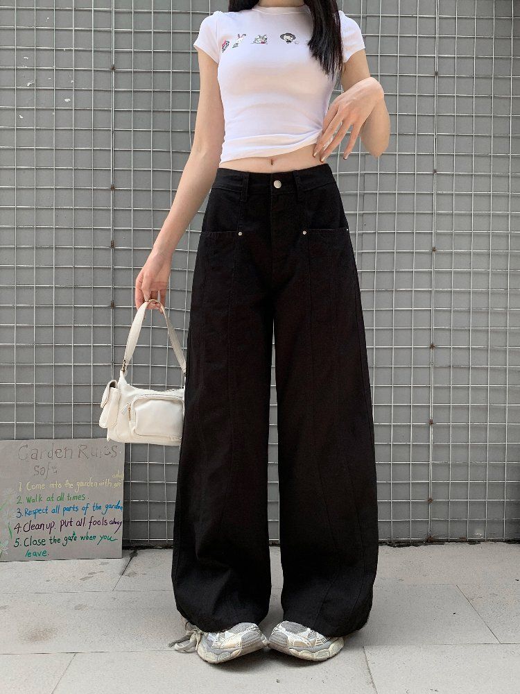 봄 여름 여성 하이웨이스트 루즈핏 와이드 코튼 팬츠 면바지 핀턱 데일리룩 롱팬츠 워싱 - 상세 이미지 4