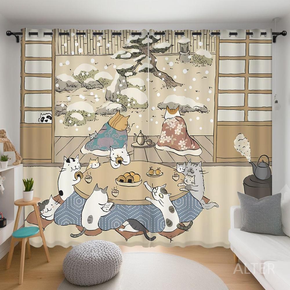 고양이 커튼 주방 가림막 부엌 일러스트 A 2x2.7m(후크) - 상세 이미지 4