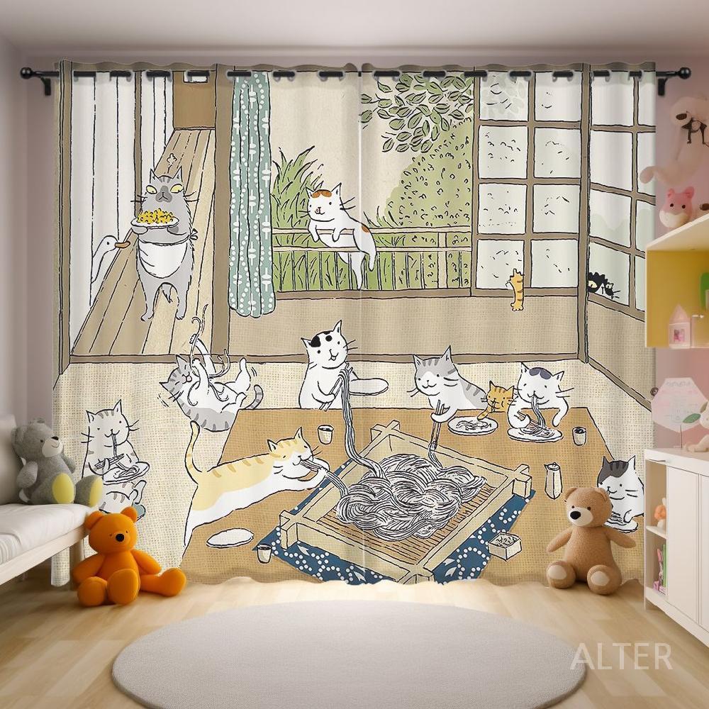고양이 커튼 주방 가림막 부엌 일러스트 A 2x2.7m(후크) - 상세 이미지 2