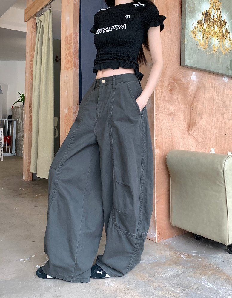 봄 여름 여성 하이웨스트 와이드 코튼 팬츠 바나나핏 롱팬츠 워싱 면바지 데일리룩 루즈핏 - 상세 이미지 2