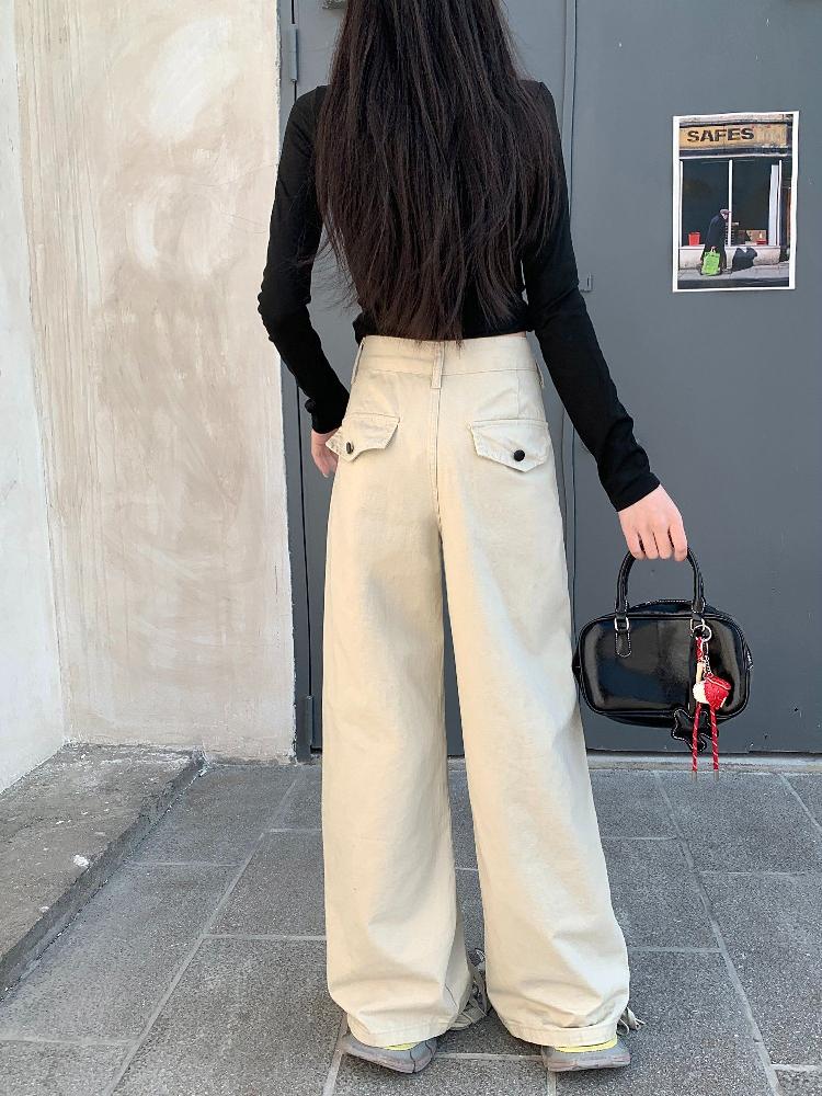 봄 여름 여성 하이웨이스트 루즈핏 와이드 코튼 팬츠 면바지 핀턱 데일리룩 롱팬츠 워싱 - 상세 이미지 3