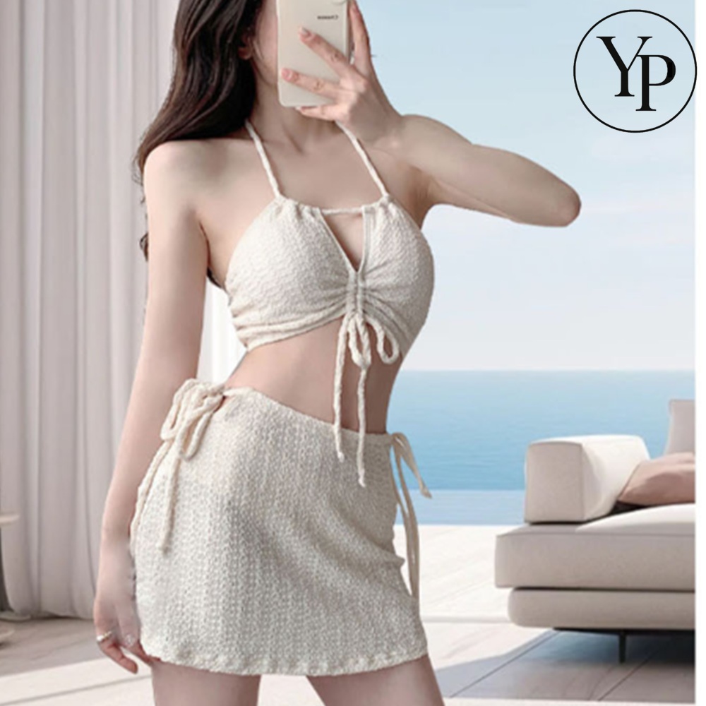 엠보싱 여성 비키니 수영복 하이웨스트 치마 커버업 수영복 호캉스 예쁜 쓰리피스 세트