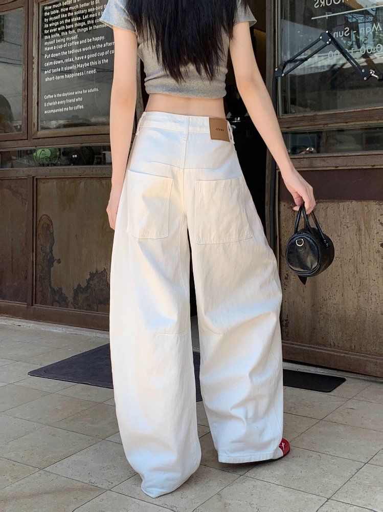 사계절 여성 하이웨이스트 루즈핏 와이드 코튼 팬츠 면바지 워싱 롱팬츠 데일리룩 빅포켓 - 상세 이미지 3