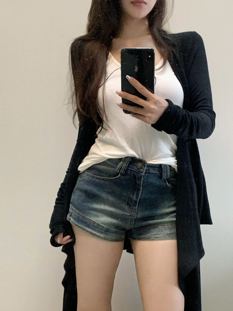 봄 여름 여성 하이웨이스트 슬림핏 데님 숏팬츠 빈티지워싱 핫팬츠 미니반바지 스판 청반바지 - 상세 이미지 4