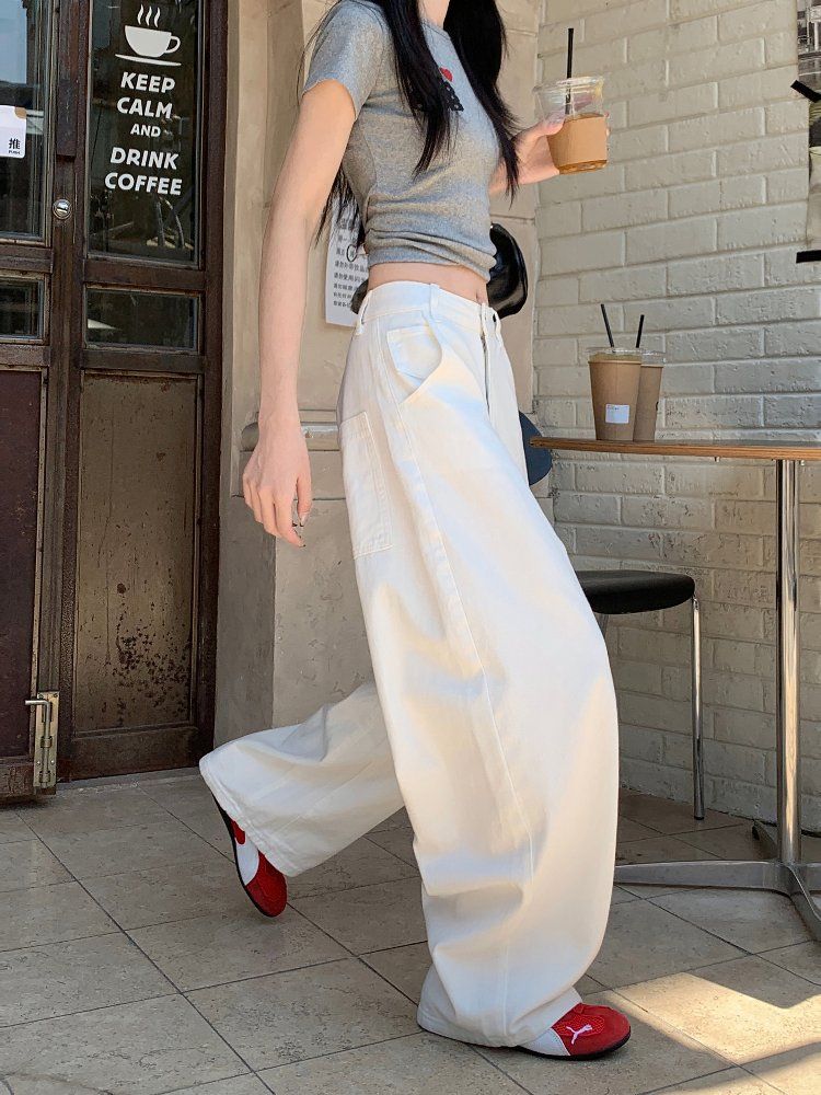 사계절 여성 하이웨이스트 루즈핏 와이드 코튼 팬츠 면바지 워싱 롱팬츠 데일리룩 빅포켓 - 상세 이미지 2