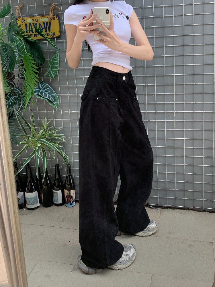 봄 여름 여성 하이웨이스트 루즈핏 와이드 코튼 팬츠 면바지 핀턱 데일리룩 롱팬츠 워싱 - 상세 이미지 5