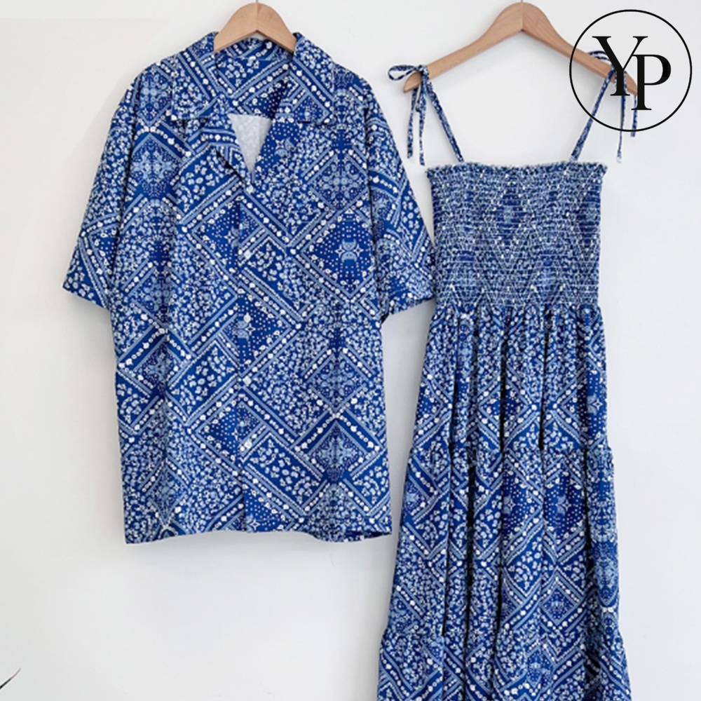 트로피칼 커플룩 남성 여성 세트 플리츠 스퀘어넥 원피스 하와이안 셔츠 남방 신혼여행 휴양지룩