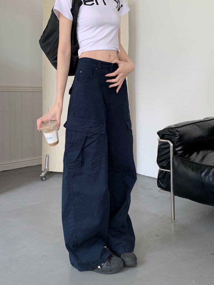 봄 여름 여성 하이웨스트 루즈핏 와이드 카고 팬츠 코튼 면바지 멀티포켓 데일리룩 롱팬츠 - 상세 이미지 3