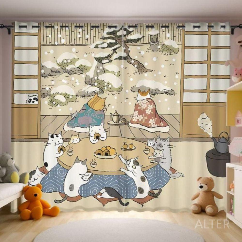 고양이 커튼 주방 가림막 부엌 일러스트 A 2x2.7m(후크) - 상품 이미지