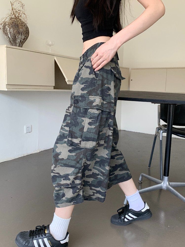 사계절 여성 하이웨이스트 루즈핏 와이드 카고 7부팬츠 코튼 면반바지 멀티포켓 쿨링팬츠 - 상세 이미지 2