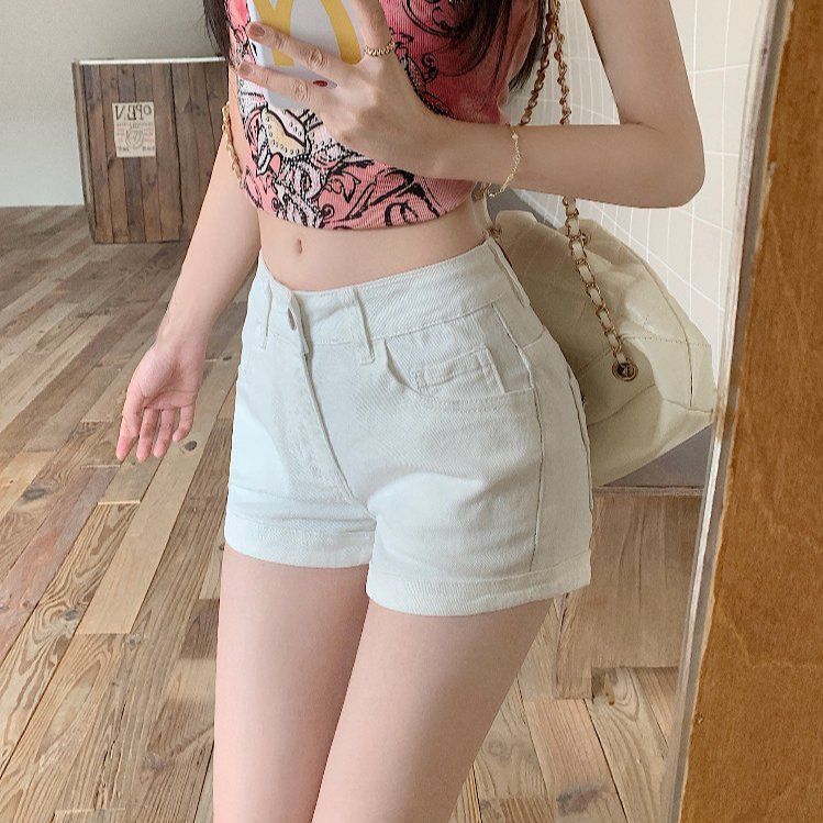 봄 여름 여성 하이웨이스트 슬림핏 데님 숏팬츠 지퍼 디테일 핫팬츠 미니반바지 키작녀 스판 - 메인 이미지