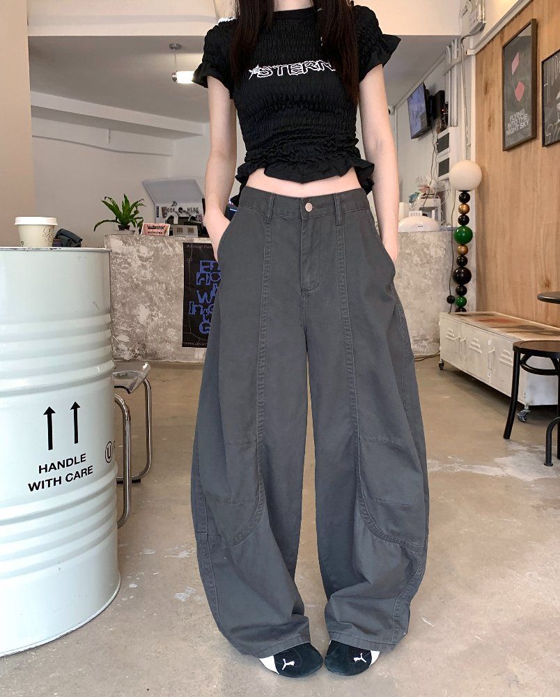 봄 여름 여성 하이웨스트 와이드 코튼 팬츠 바나나핏 롱팬츠 워싱 면바지 데일리룩 루즈핏 - 상세 이미지 3