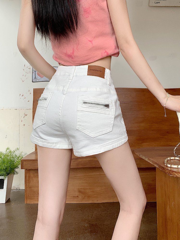 봄 여름 여성 하이웨이스트 슬림핏 데님 숏팬츠 지퍼 디테일 핫팬츠 미니반바지 키작녀 스판 - 상세 이미지 2
