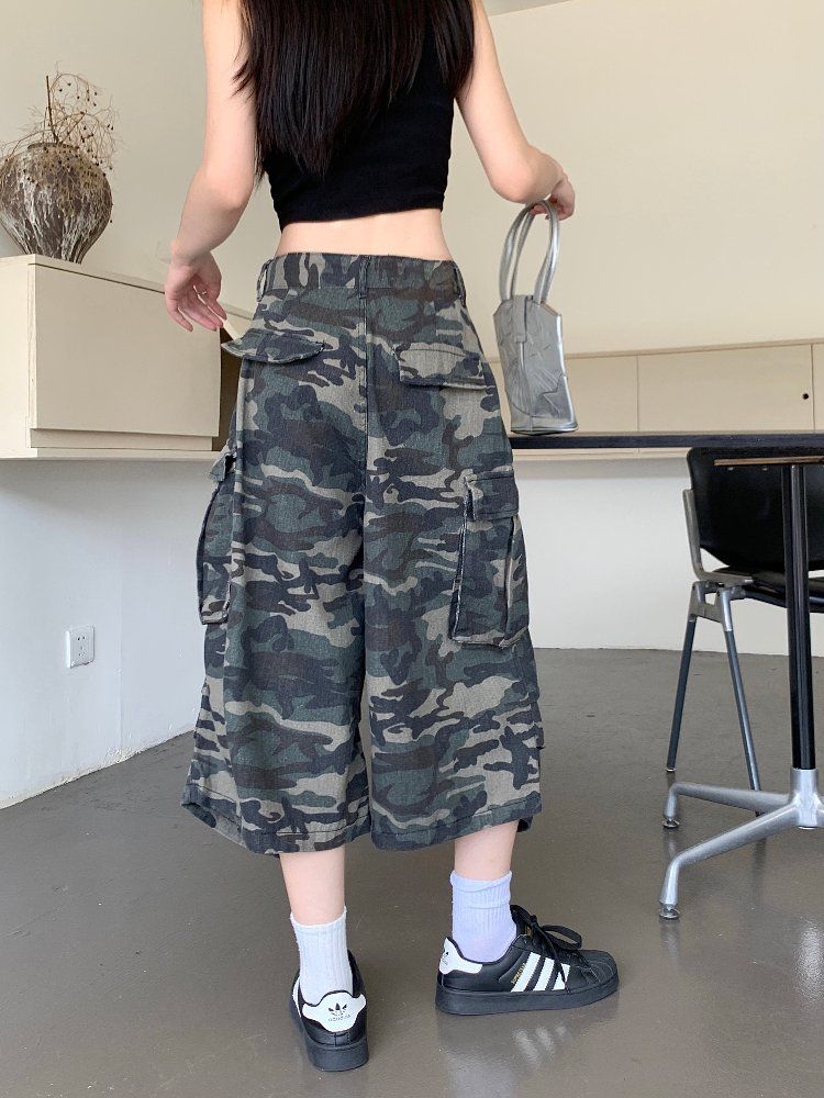 사계절 여성 하이웨이스트 루즈핏 와이드 카고 7부팬츠 코튼 면반바지 멀티포켓 쿨링팬츠 - 상세 이미지 3