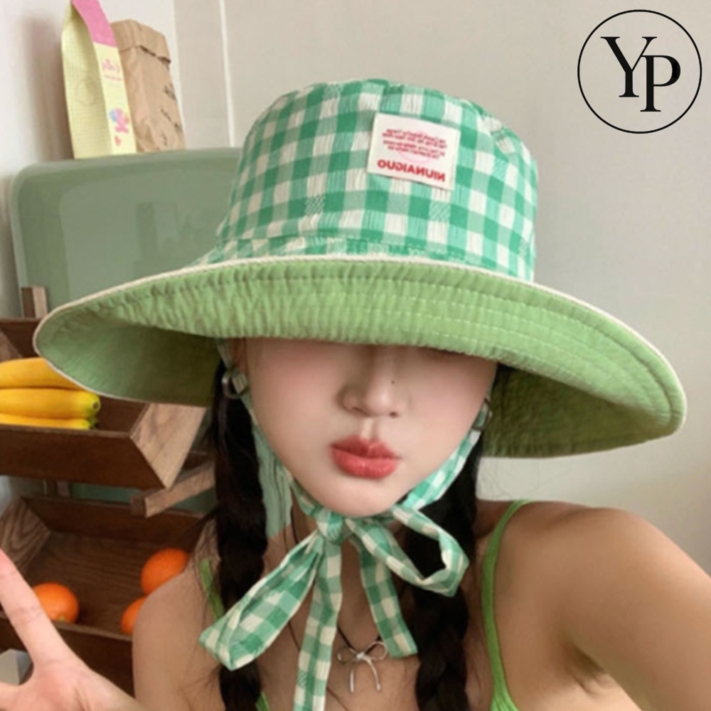 체크 무늬 와이드 선캡 자외선 차단 여름 모자 챙 넓은 버킷햇 리본 보닛햇 - 메인 이미지