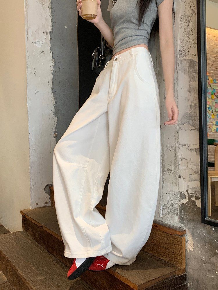 사계절 여성 하이웨이스트 루즈핏 와이드 코튼 팬츠 면바지 워싱 롱팬츠 데일리룩 빅포켓 - 상세 이미지 4